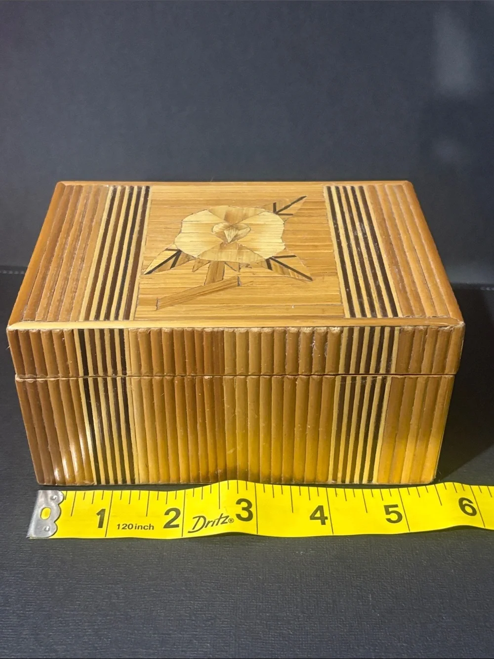 Vintage bamboo floral inlay trinket holder jewelry box velvet lined handmade